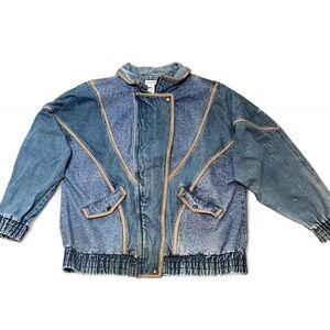 Vintage 90s Y2K Lavon Blue Denim Jean Floral Bomber Jacket Coat Size XL